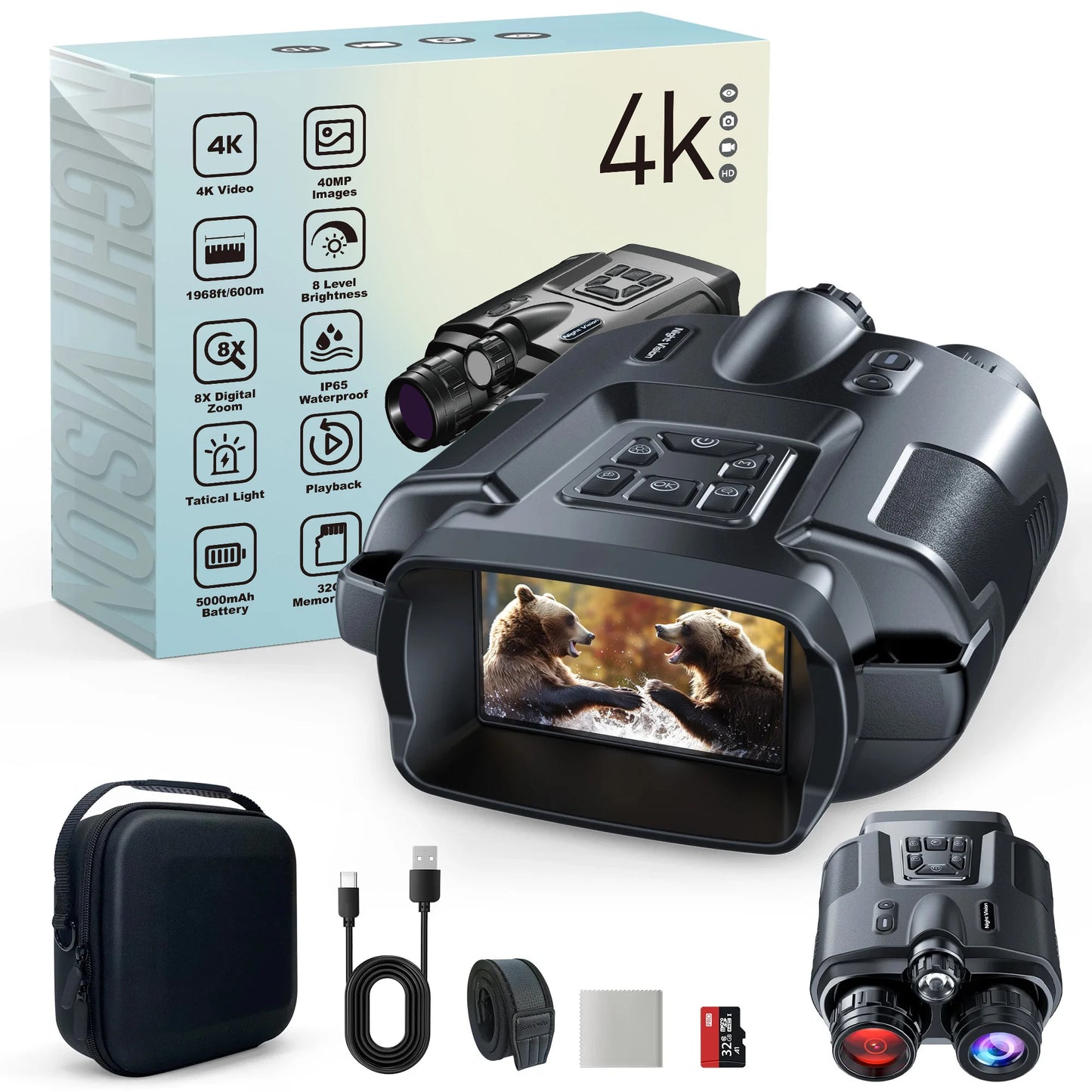 4K Night Vision Binoculars 3inch Screen,8X Digital Zoom With Tactical Light